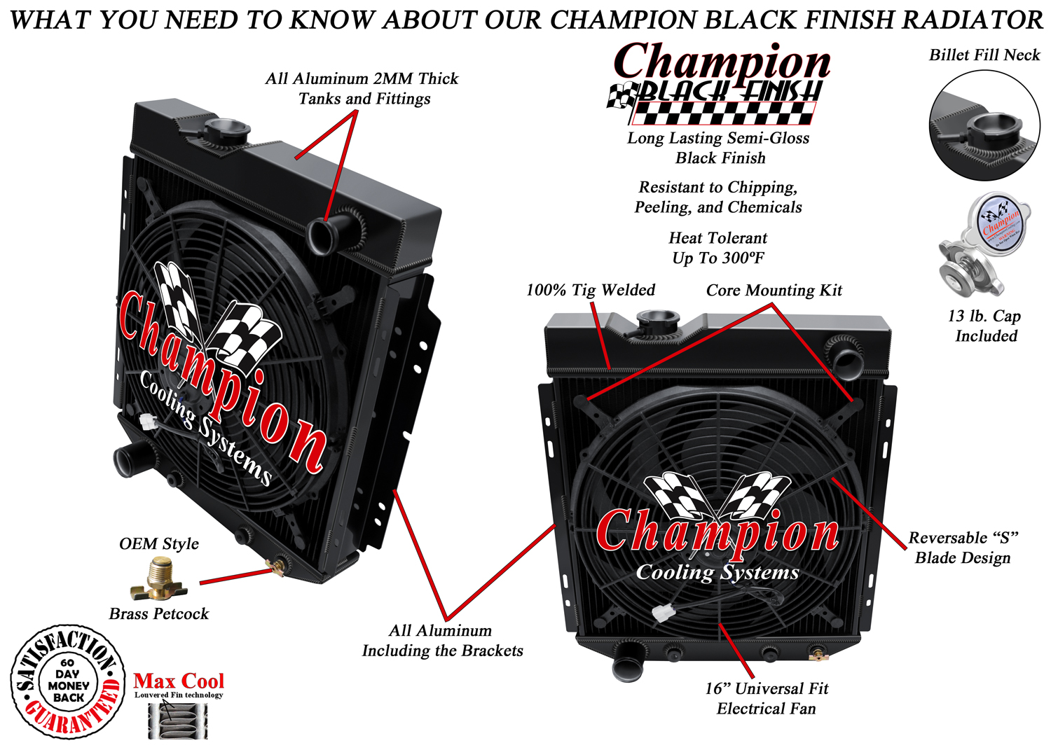 Atom 3 Row Black Finish Radiator,16" Fan for 1964-1966 Ford Mustang V8 Swap