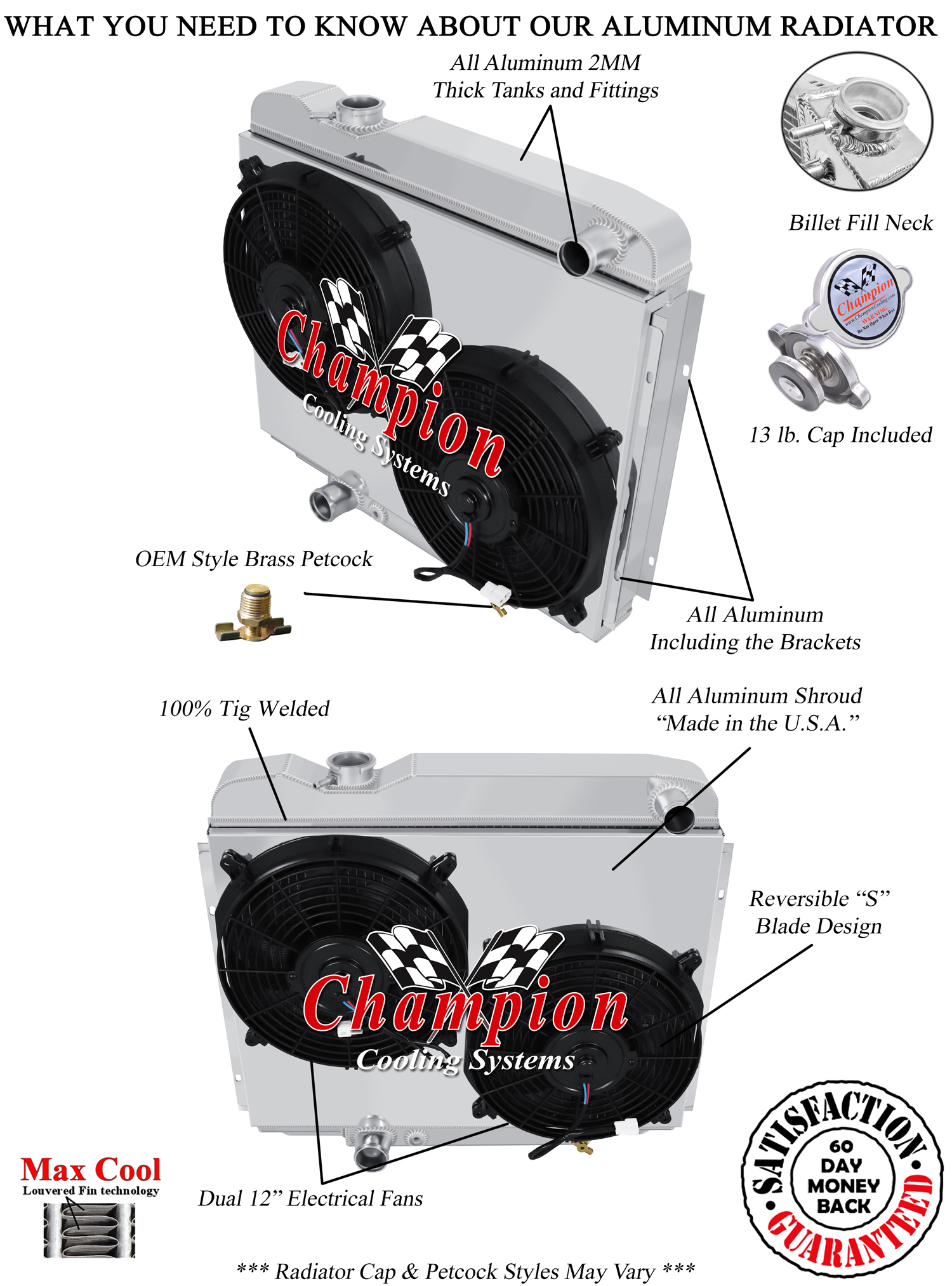 Atom Champion 3 Row Radiator,12" Fans,Shroud for 1966 Mercury Cyclone V8 Engine