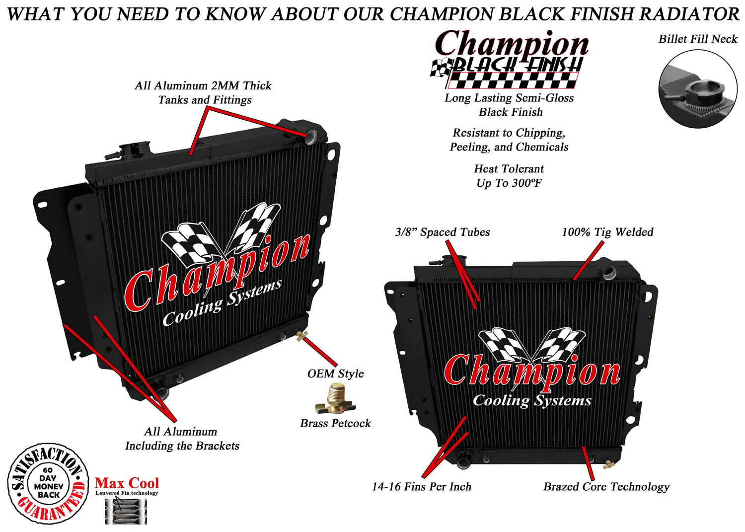 Atom Champion 2 Row Black Finish Radiator for 1987 - 2006 Jeep Wrangler