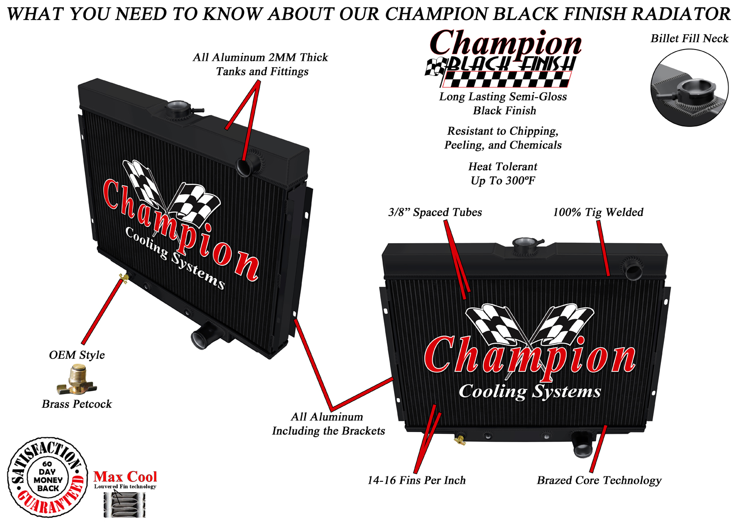 Atom 3 Row Black Finish Radiator Lowhose Pass 24" for 1967-1970 Ford Mustang