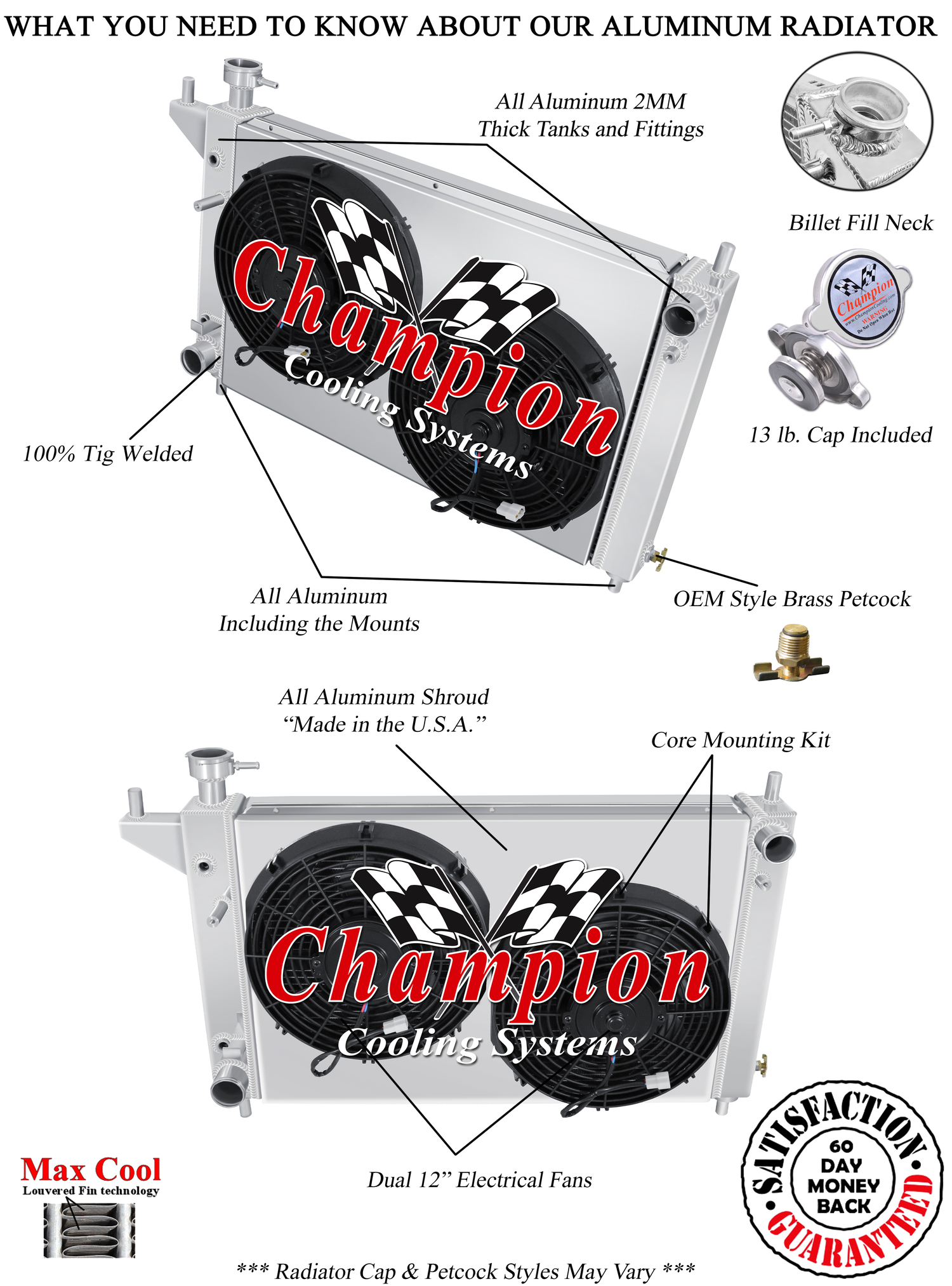 Atom Champion 4 Row Radiator W/ 12" Fans and Shroud for 1994 - 1996 Ford Mustang