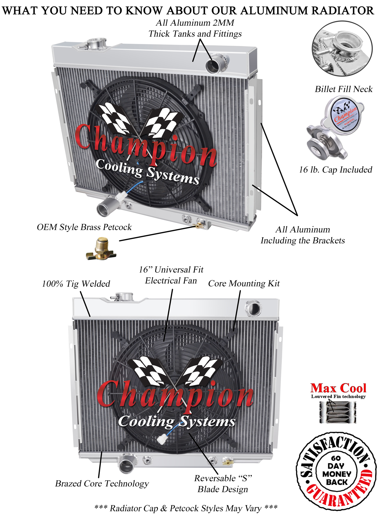 Atom Champion 3 Row Radiator W/ 16" Fan for 1967 - 1970 Ford Mustang V8 Engine