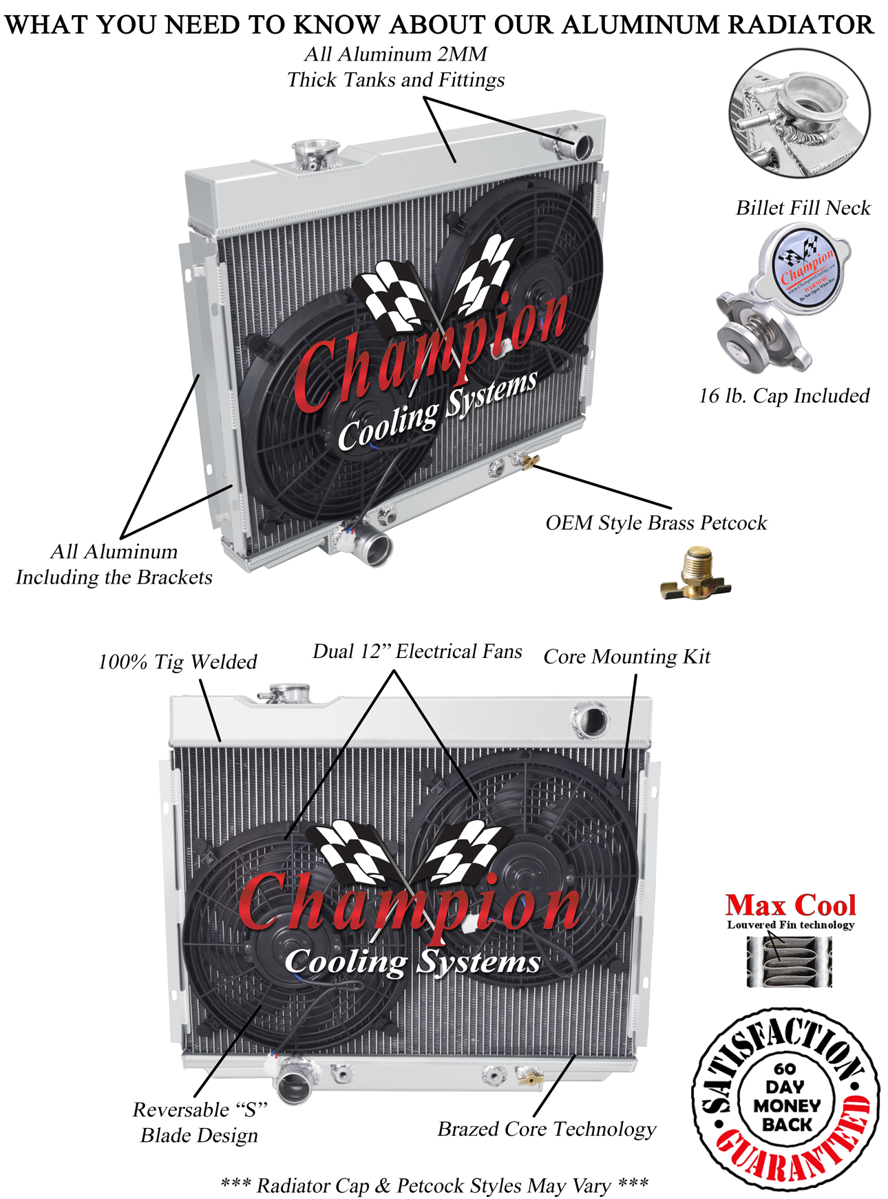 Atom Champion 3 Row Radiator W/ 12" Fans for 1967 - 1970 Ford Mustang V8 Engine