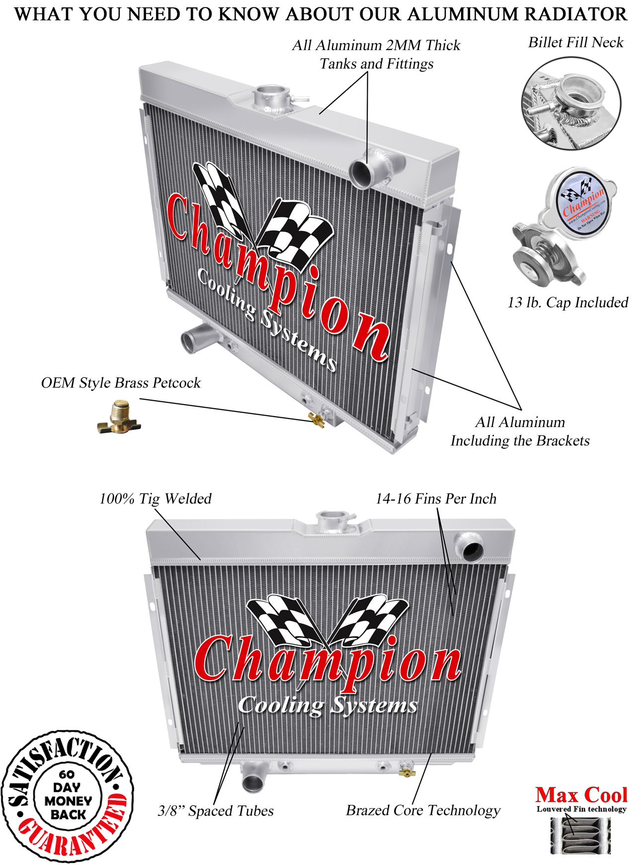 Atom Champion 4 Row Radiator Lowhose Driver 24" for 1968 1969 Ford Torino V8 Eng