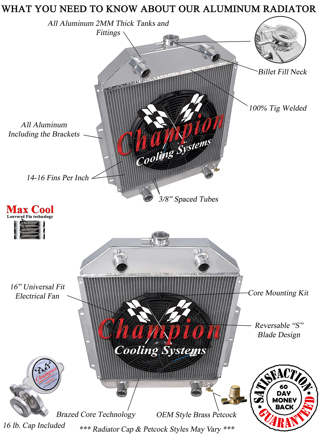 2 Row AL Champion Radiator for 1942-1952 Ford Truck Flathead Configuration