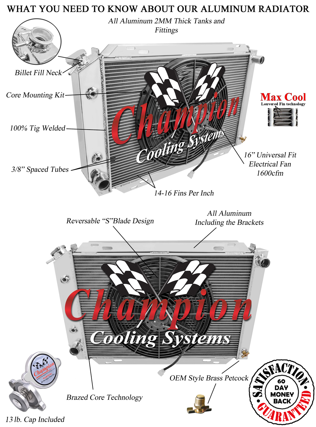 Atom Champion 3 Row Radiator W/ 16" Fan for 1979 - 1993 Ford Mustang #CC138B