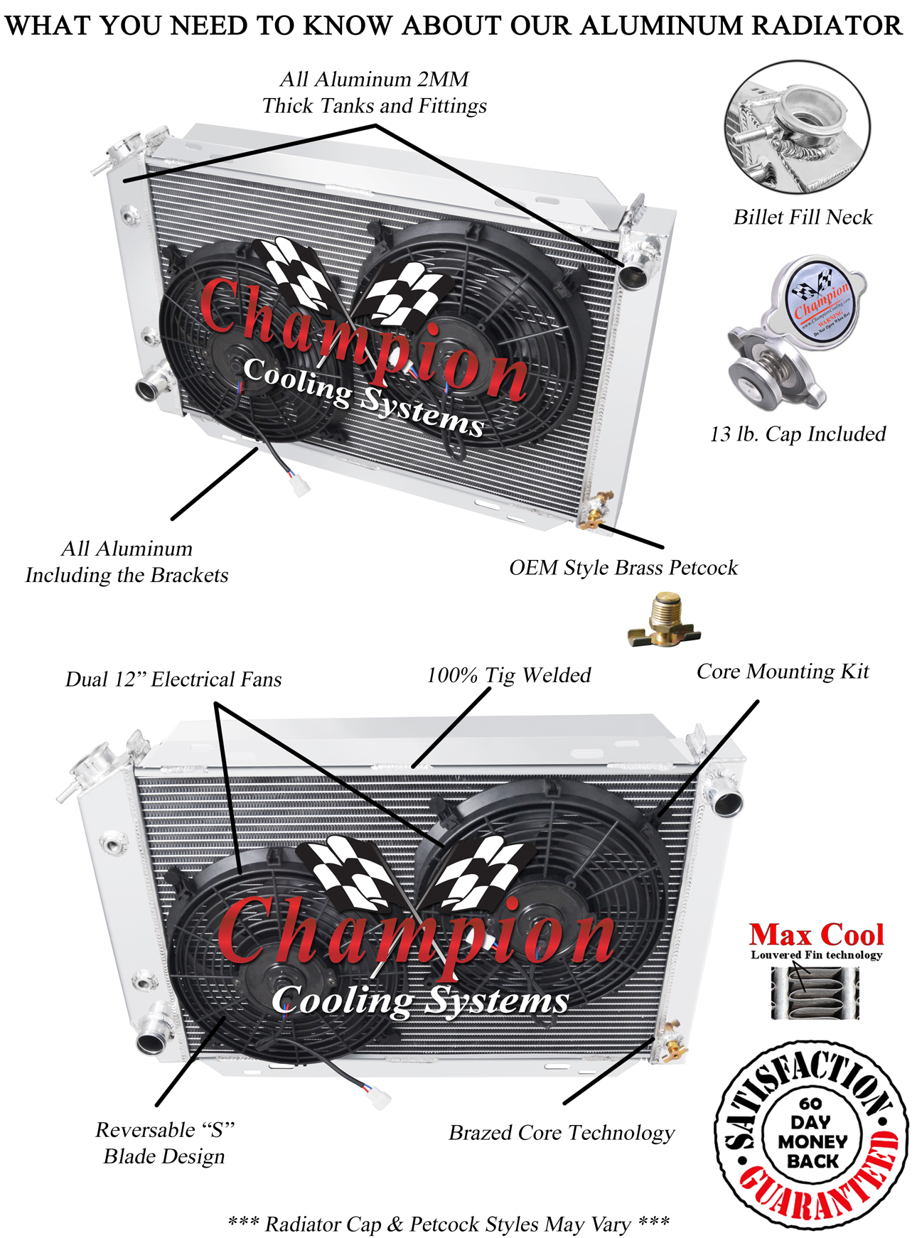 Atom Champion 2 Row Radiator W/ 2 12" Fans for 1979 - 1993 Ford Mustang #EC138