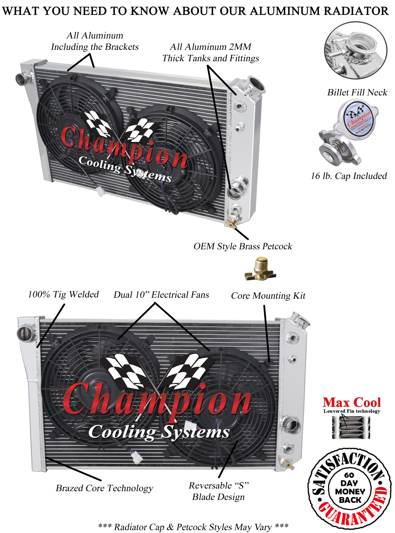 Atom Champion 3 Row Radiator,10" Fans for 1984-1990 Chevrolet Corvette Small V8