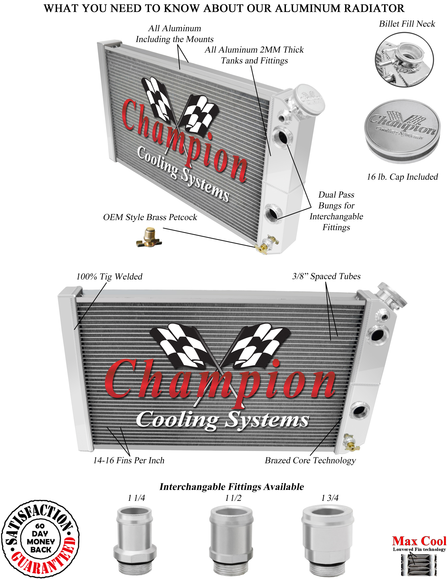 Atom 3 Row Dual Pass Radiator,1.5,1.75 for 1984-1990 Chevrolet Corvette Small LS