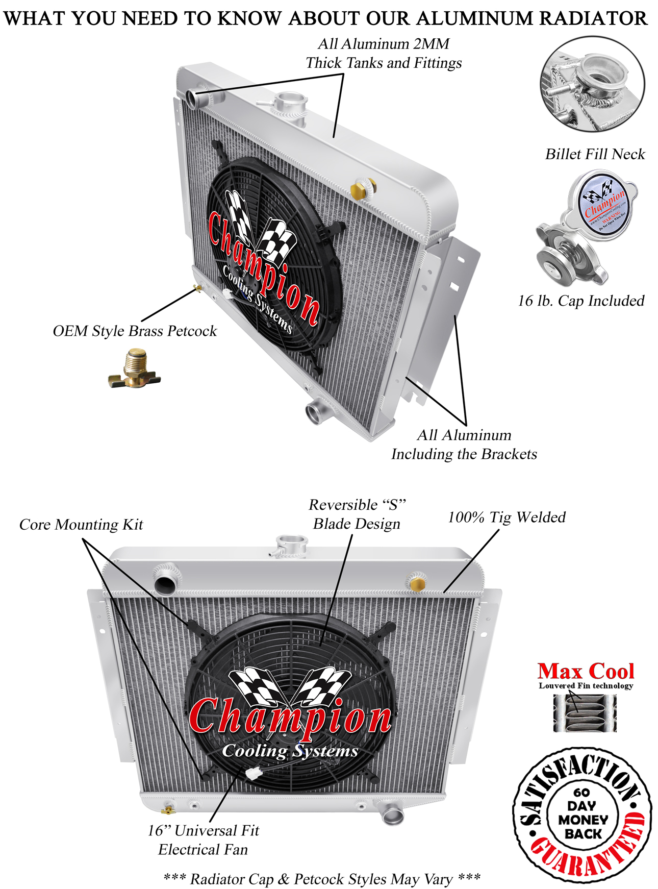Atom Champion 3 Row Radiator,16" Fan for 1972-1979 Dodge D/W Series Pickups V8