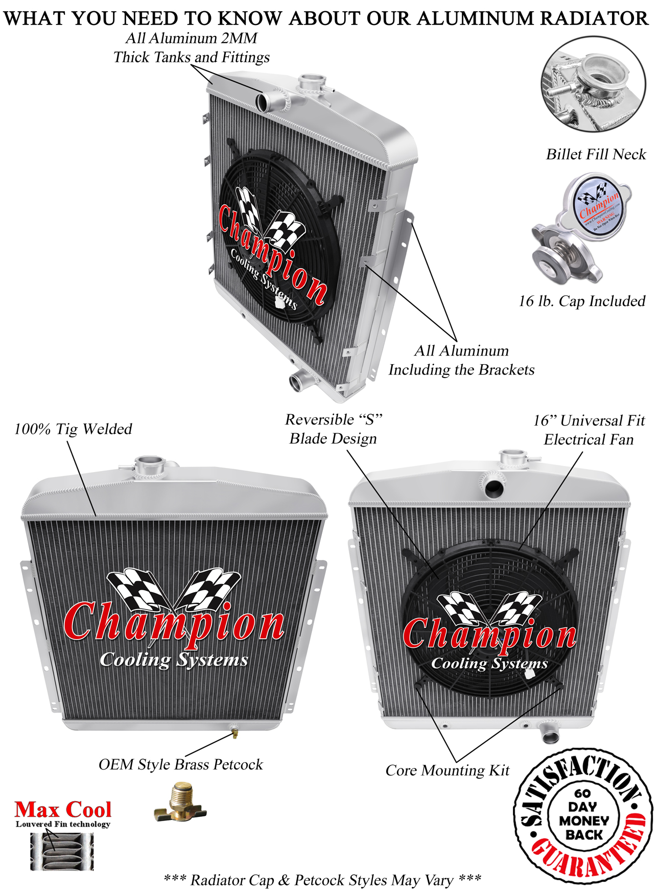 Rel Champion 3 Row Radiator Chevy Configuration, 16" Fan for 1950 Oldsmobile 88 Rel Champion 3 Row Radiator Chevy Configuration, 16" Fan for 1950 Oldsmobile 88