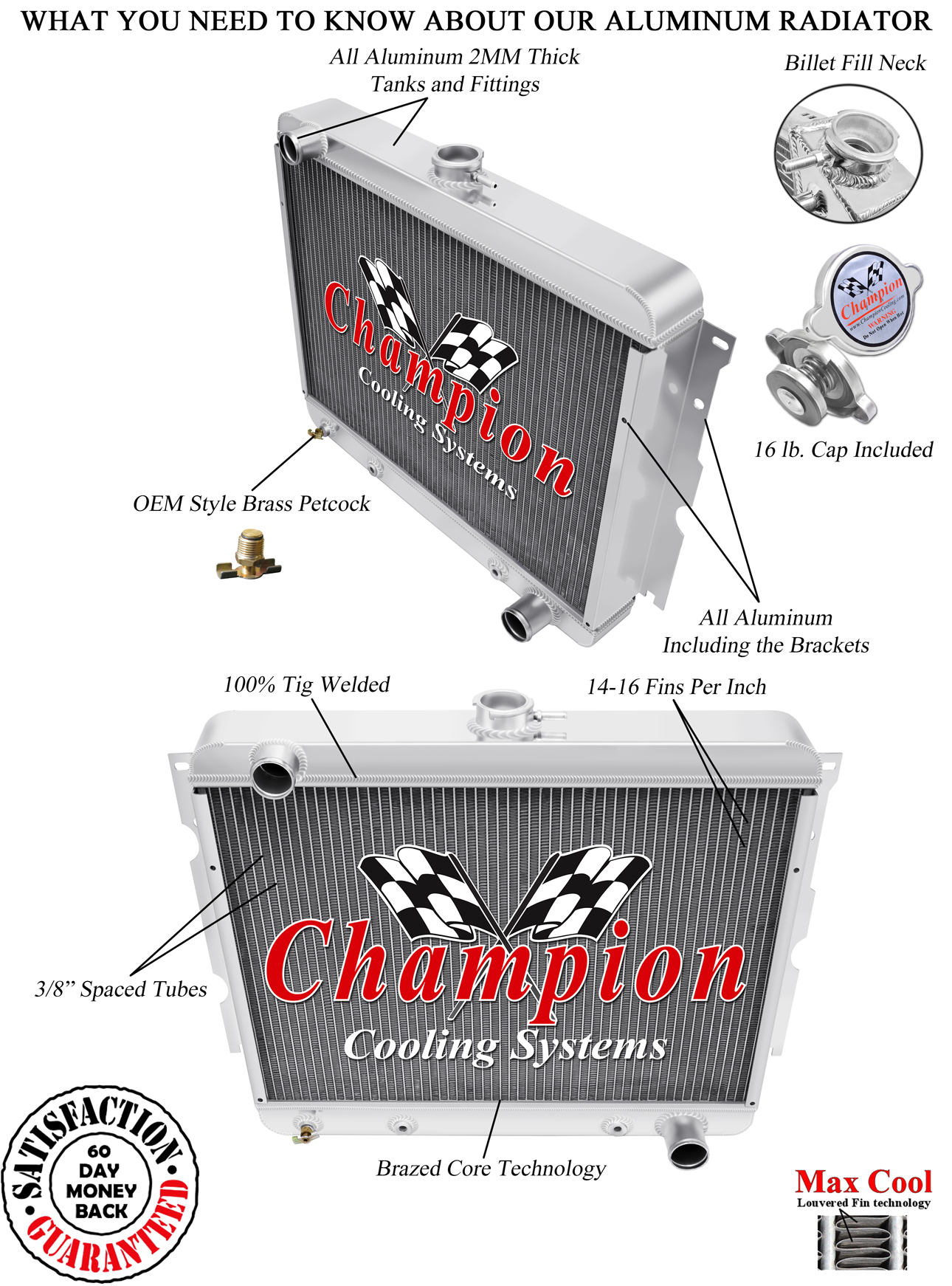 Rel Champion 4 Row Radiator for 1970 - 1972 Dodge Charger Small Block V8 Engine